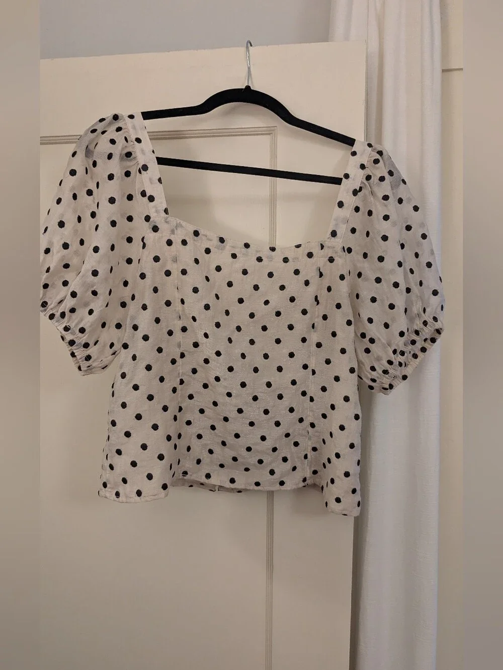Madewell Polka Dot Puff Sleeve Button-Front Top - Cream/Black
